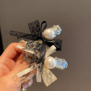 韓國新款蕾絲蝴蝶結甜酷珍珠側邊髮夾