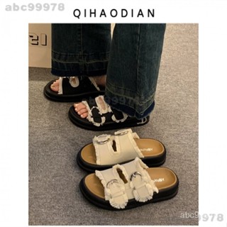 abc99978厚底拖鞋 拖鞋女外齣 韓國小眾復古流蘇一字拖鞋女 25夏季外穿時尚皮帶扣休閒厚底沙灘涼拖涼鞋