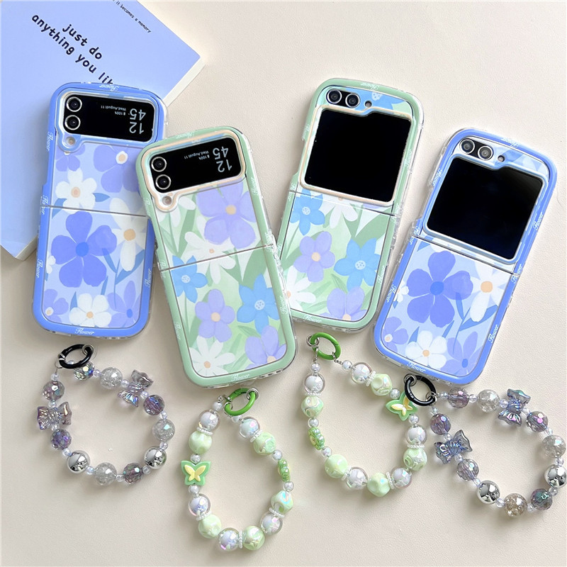 SAMSUNG 三星 Galaxy Z Flip5 手機殼可愛藍色雛菊花朵帶鏈手機殼三星 Galaxy Z Flip 3