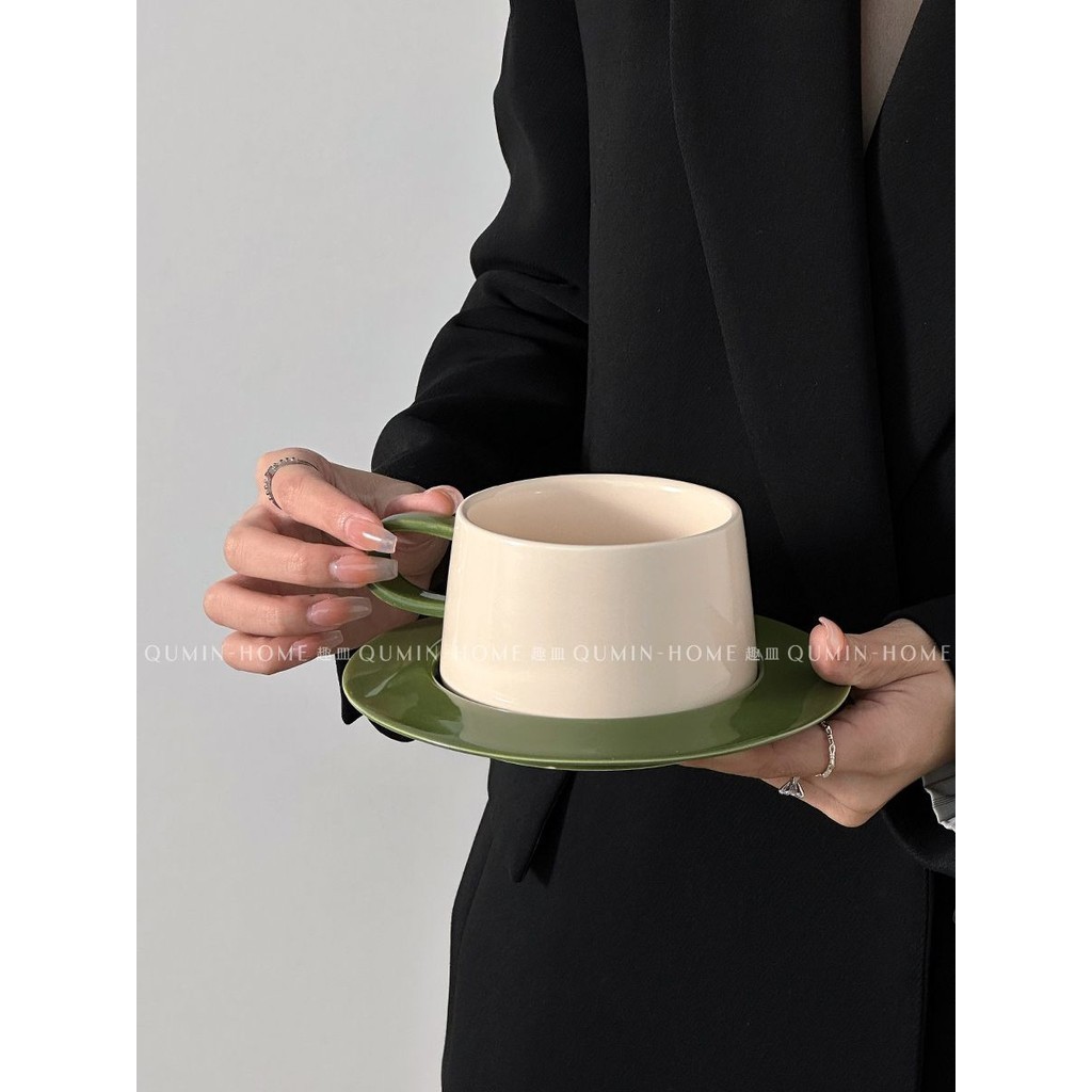 趣皿 ins風高顏值啞光酪梨綠咖啡陶瓷杯碟套裝下午茶精緻馬克杯