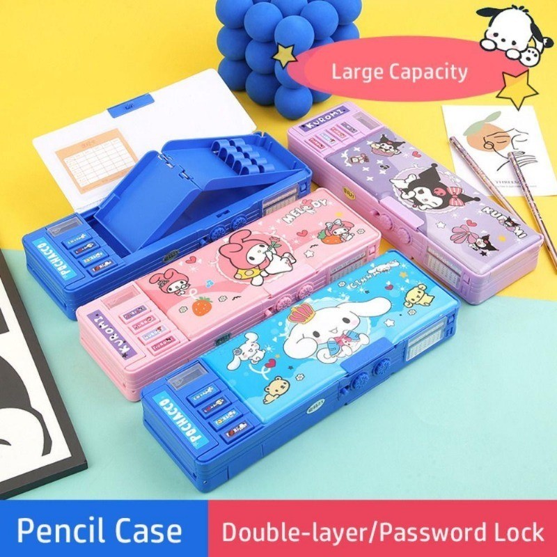 雙層塑料機械鉛筆盒大容量密碼鎖 Pochacco/Kuromi/Cinnamoroll/旋律文具收納盒男孩/女孩
