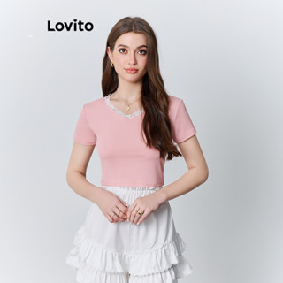 Lovito 波西米亞 女式素色抽繩荷葉邊領面料拼接 T 恤 L87ED171