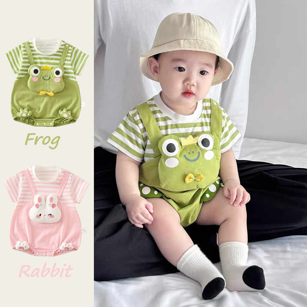 卡通兔蛙造型嬰兒衣服套裝夏季條紋短袖嬰兒連身衣0-2歲幼兒連身衣
