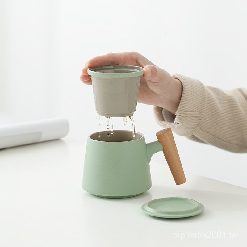 可LOGO木柄陶瓷帶蓋過濾辦公杯茶水分離泡茶杯家用男女水杯子