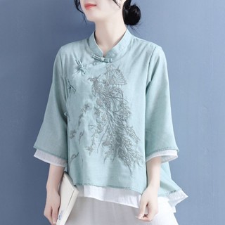 棉麻復古上衣女|大尺碼100kg女裝|春夏新款繡花上衣|文藝盤扣斜襟T恤|七分袖茶服上衣女|休閒高檔上衣|復古時尚T恤