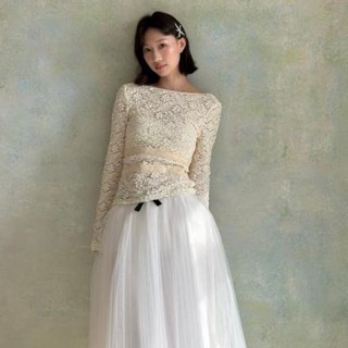 【NZN】女式法式長袖蕾絲上衣,春季新款蝴蝶結露背合身t恤