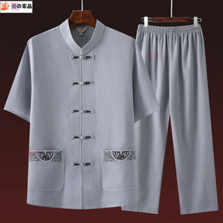 男棉麻短袖套裝 太極服 棉麻服 練功服 晨練服 瑜伽服 禪服 居士服 復古 中國風 棉麻 禪服圓領中袖居士服 兩件套裝