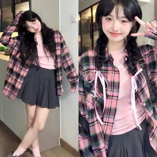 限時下殺🚀🚀✨美式復古甜酷粉色格子襯衫女春秋新款設計感小眾學生寬鬆開衫外套