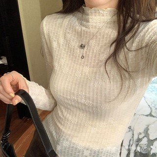 💯精品推薦#法式木耳邊蕾絲微透長袖T恤女2025年春季新款內搭打底衫洋氣上衣