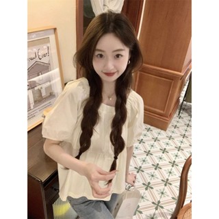 【HOT 本舖】 日系藍色方領泡泡袖娃娃衫上衣女夏季小個子短袖襯衫法式別致小衫
