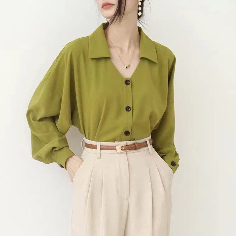 2022新款春款酪梨綠長袖雪紡法式小上衣襯衫女設計感氣質襯衫女