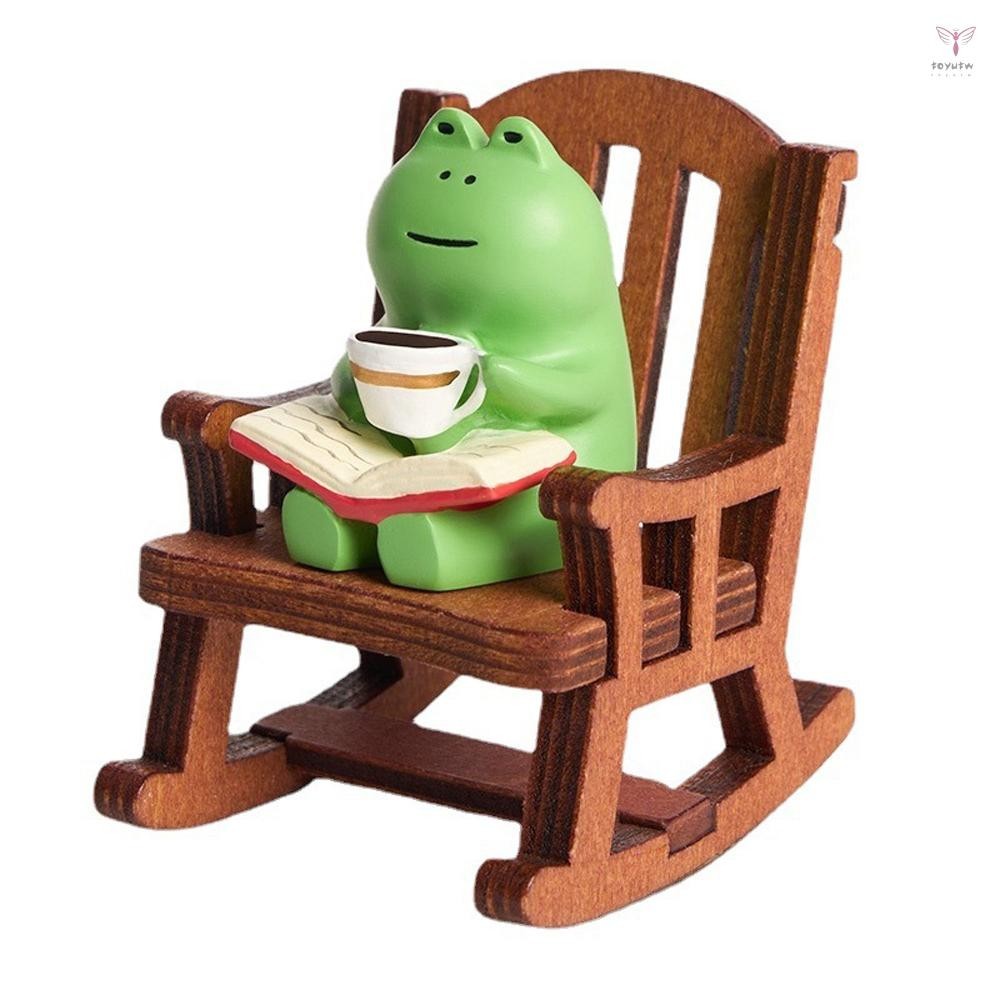 Uurig)微型青蛙公仔可愛青蛙雕塑帶搖椅、書桌裝飾收藏品家庭書架禮物