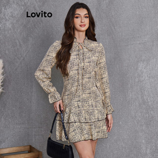 Lovito 女士休閒幾何雙層抽繩泡泡袖洋裝 LBL20244