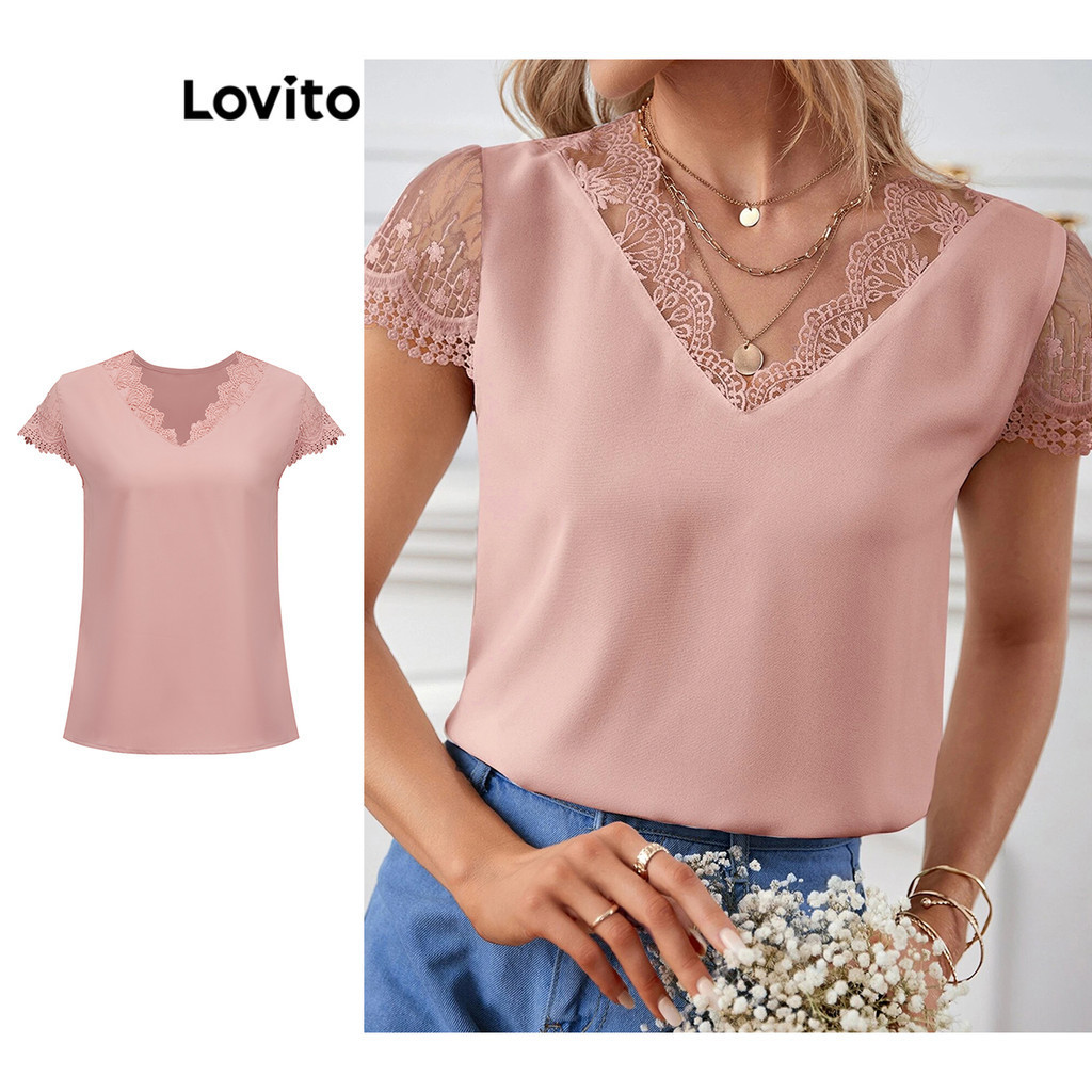 Lovito 女款休閒素色蕾絲襯衫 LSE02032