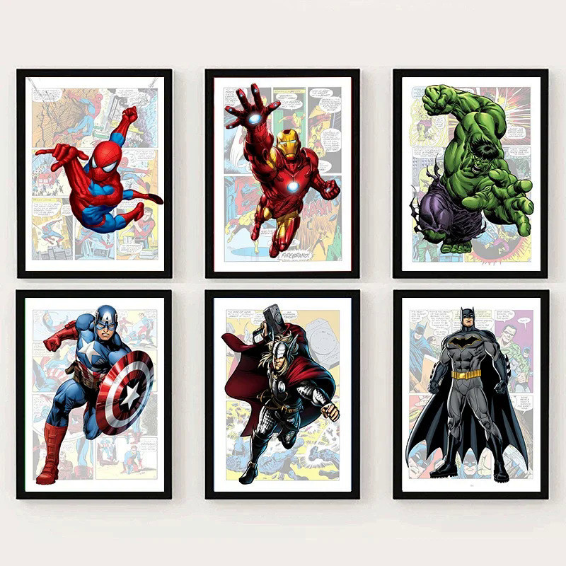 MARVEL 迪士尼漫威復仇者聯盟漫畫海報蜘蛛俠美國隊長帆布繪畫版畫牆壁藝術圖片兒童房裝飾壁畫