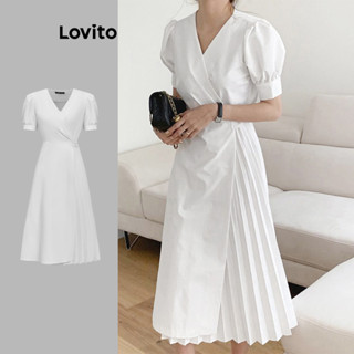 Lovito 女款休閒素色裹身褶襉泡泡袖洋裝 L86ED327