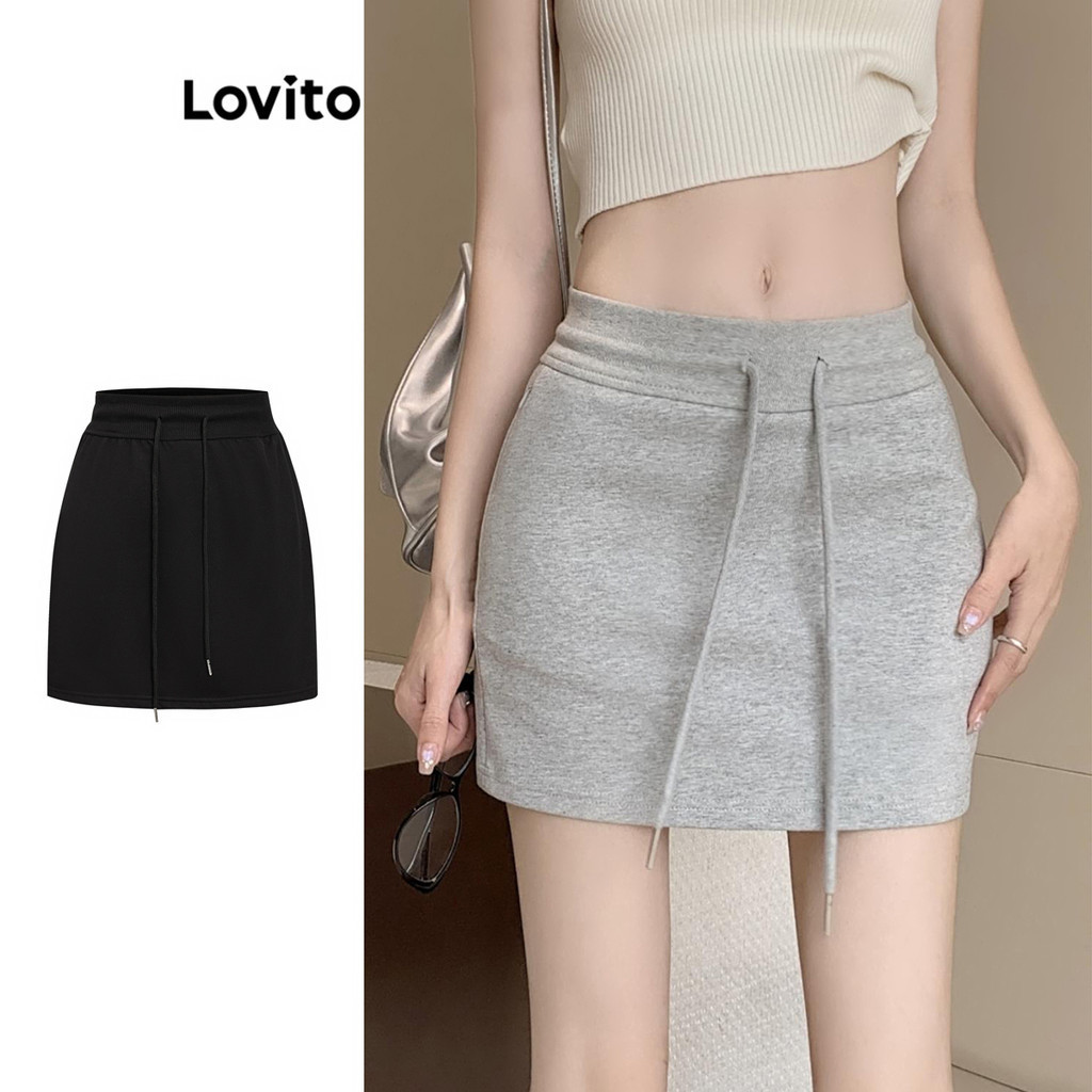 Lovito 女款休閒素色抽繩短裙 LNA34046 (灰色)
