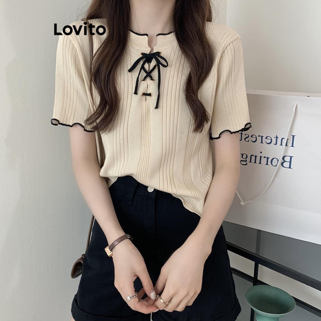 Lovito 女士休閒素色圖案針織上衣 LNA53280