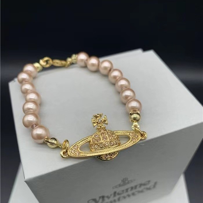 Vivienne Westwood 經典滿鑽土星粉色珍珠手鍊女手飾