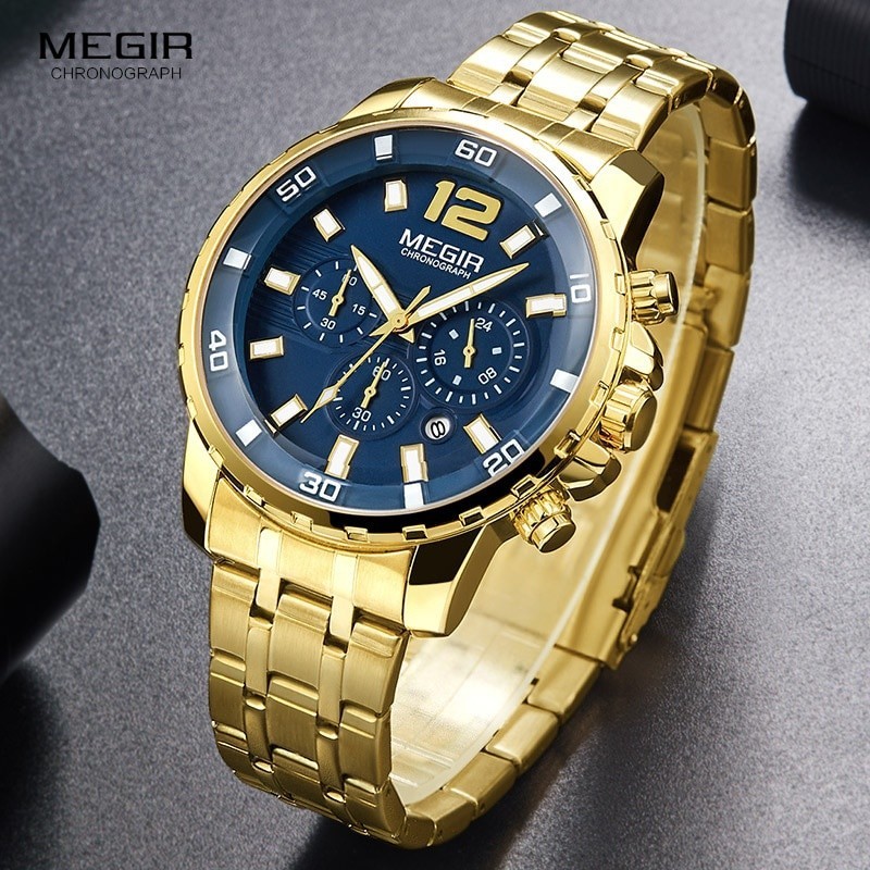 Megir 2068G 男士藍色石英手錶商務計時碼表模擬手錶男士防水夜光手錶 JIHU