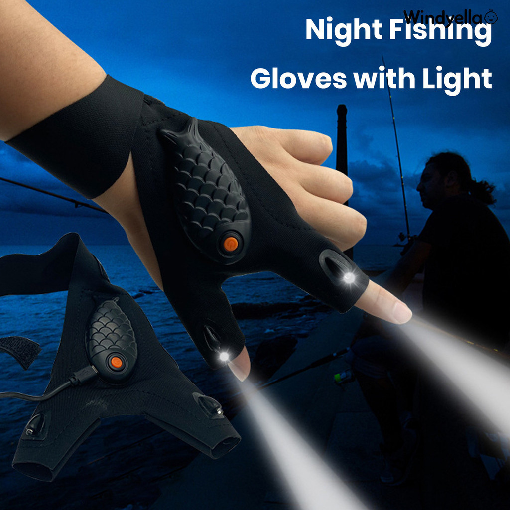 [戶外優品]led手電筒發光釣魚手套 修理照明手指燈戶外充電半指夜釣手套