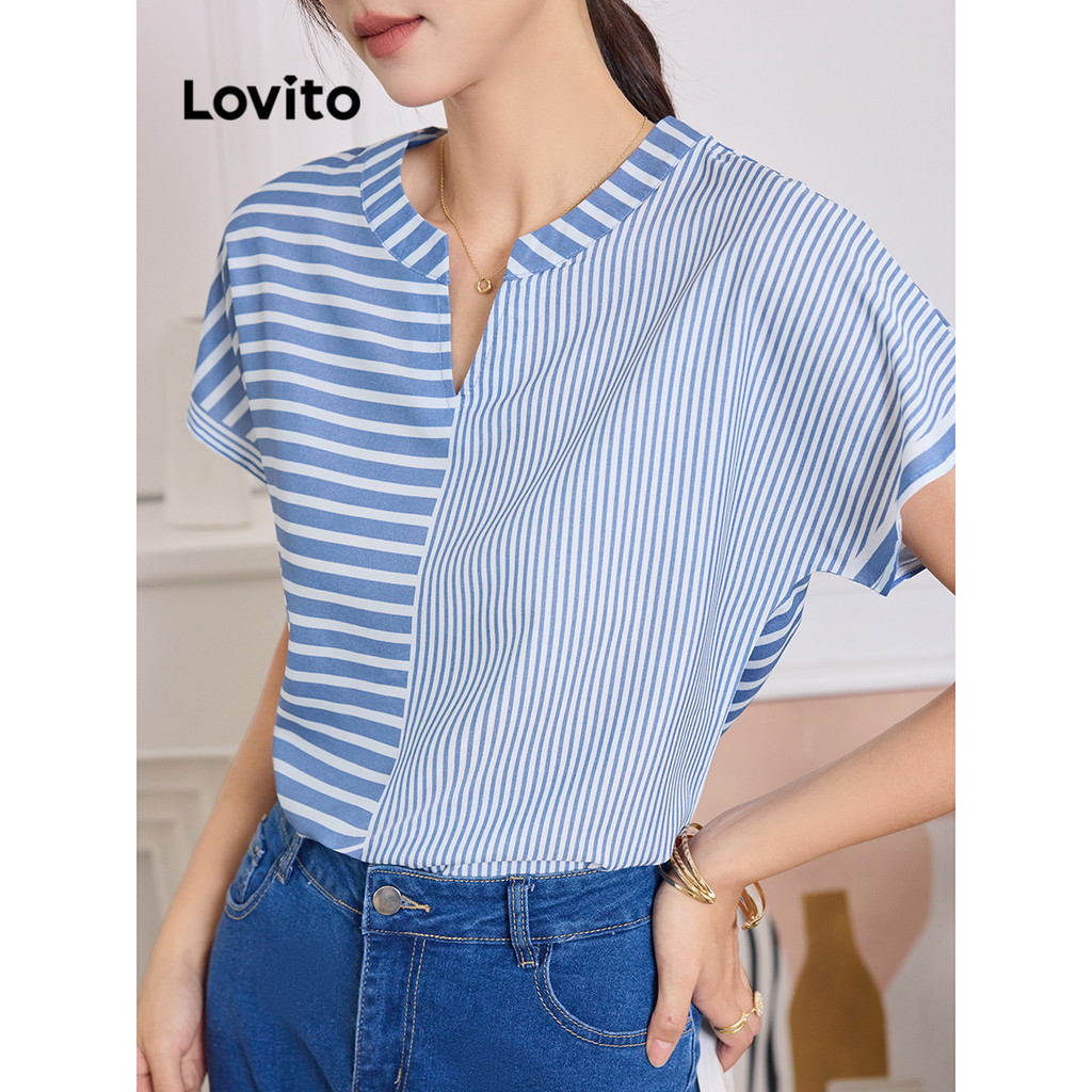 Lovito 女用休閒條紋拼色襯衫 L91AD007