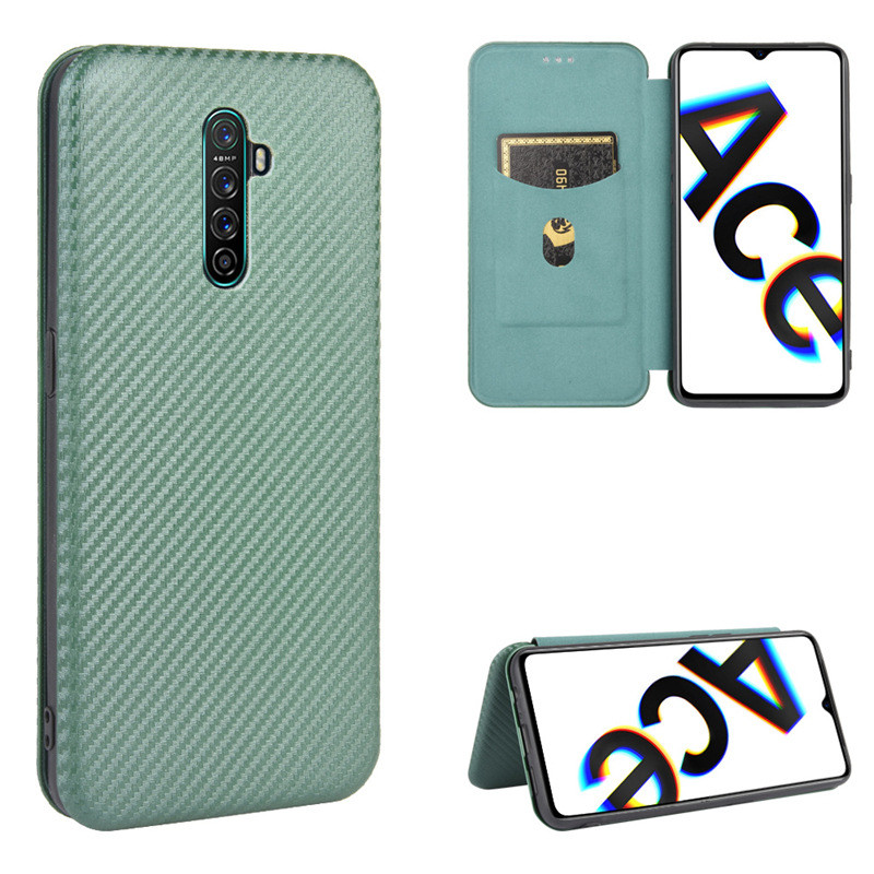 適用OPPO Reno ACE 耐髒耐磨碳纖維手機殼Realme X2 Pro插卡磁扣翻蓋皮套素面色書本式手機殼