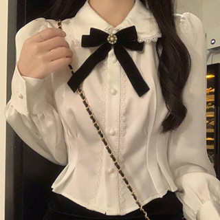 限時下殺🚀🚀✨學院風甜美娃娃領襯衫長袖上衣女2025秋季新款收腰短款設計感襯衣