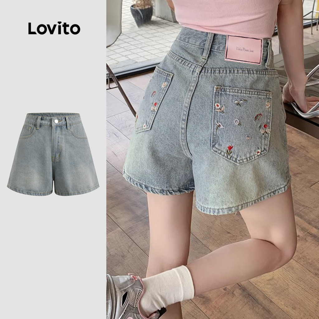 Lovito 女款休閒素色口袋刺繡牛仔短褲 L125AD221