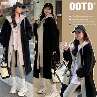 【HK潮流服裝】假兩件連帽拚接外套女裝鞦鼕季新款寬鬆加厚中長款仿羔羊毛絨大衣