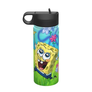 海綿寶寶 大容量保溫水瓶帶吸管18OZ,500ML 運動水壺,旅行,不銹鋼