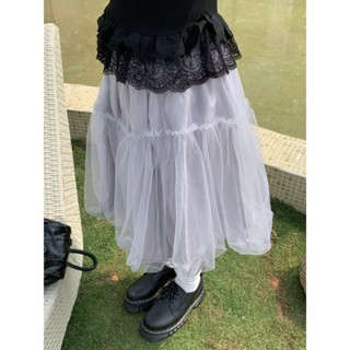 【HOT 本舖】 實拍 新款設計感別致雲朵紗紗花苞中裙+刺繡貓咪蕾絲拼接上衣