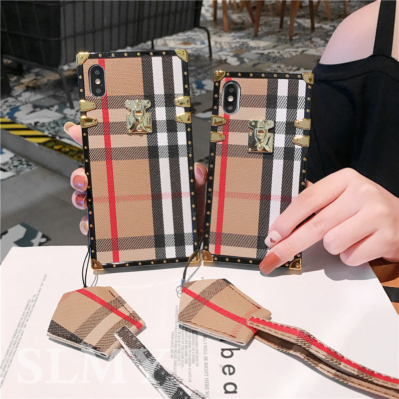 外殼Samsung S24 S23 S22 Ultra S21+ S23 FE 時尚條紋格子方形手機殼保護套帶掛繩