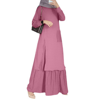 Hijabista 女士穆斯林拼布條紋圓領長袖假兩件式連衣裙