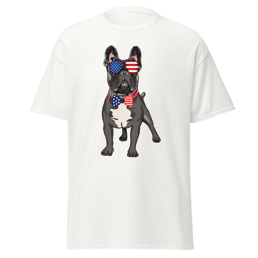 法國鬥牛犬愛國美國國旗男式 T 恤狗情人創意