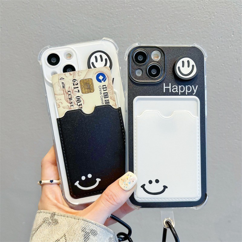 ins 笑臉 微笑 掛繩 插卡 手機殼 適用於iPhone 15 14 13 12 11 Pro Max 卡通 保護殼