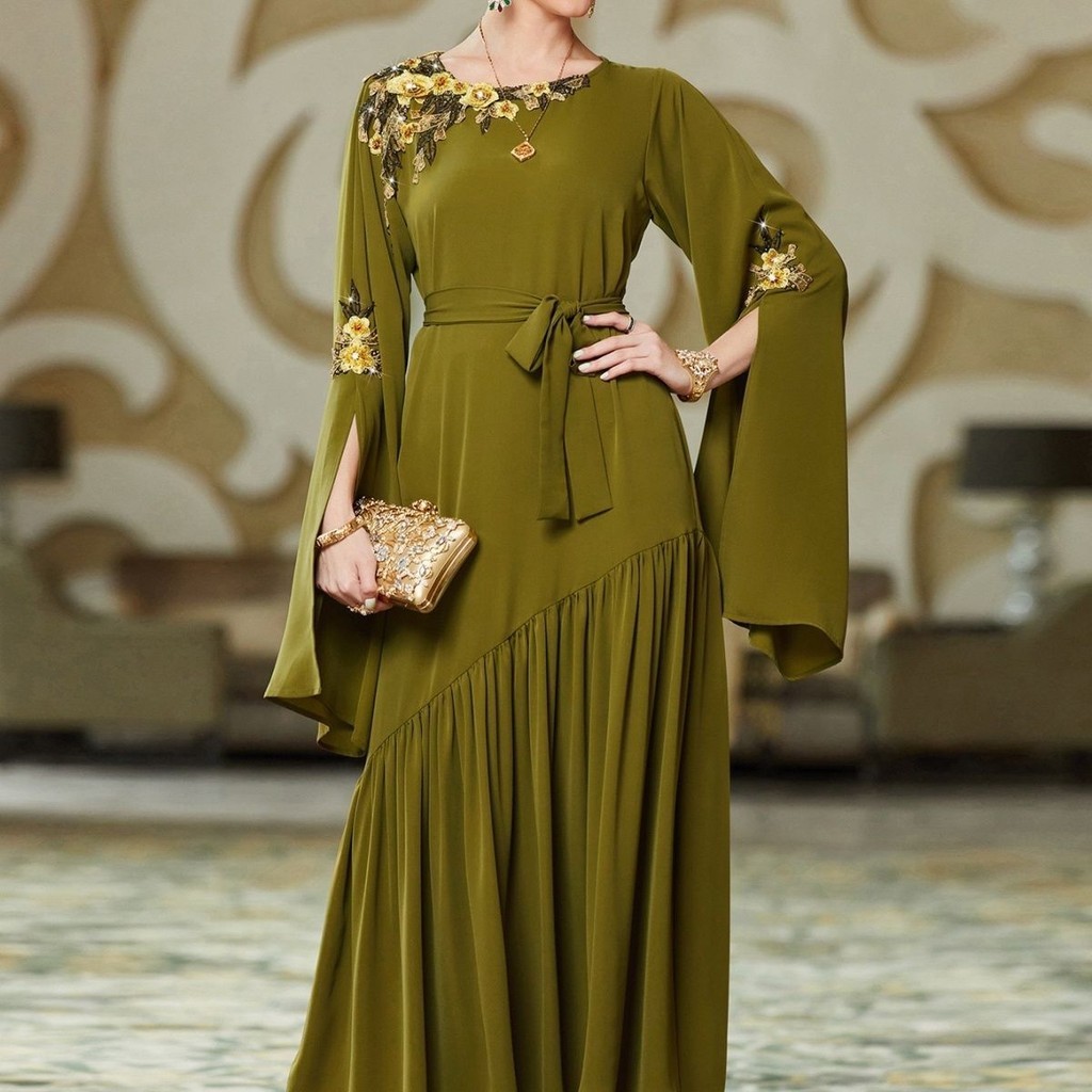禮服新款重工刺繡貼花中東洋裝軍綠色長袍超長甩袖