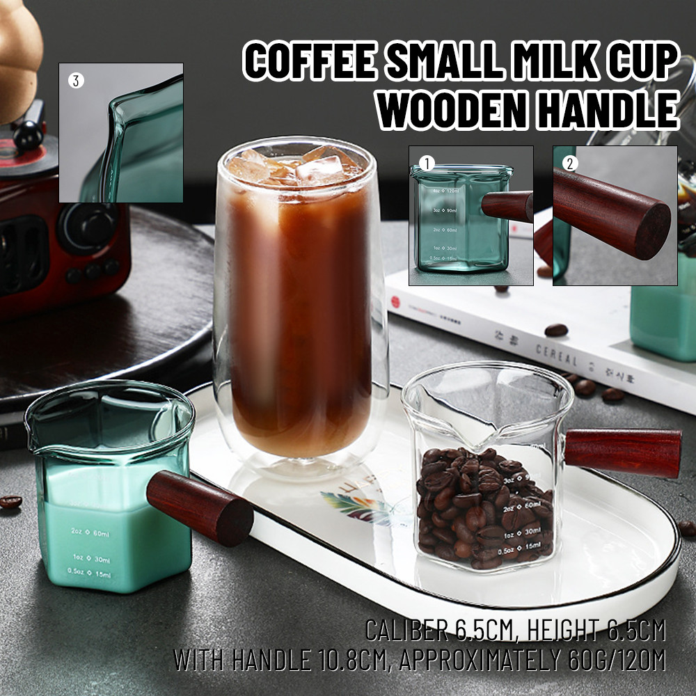 濃縮咖啡量杯木柄小牛奶杯濃縮咖啡杯刻度量杯單/雙口迷你壺