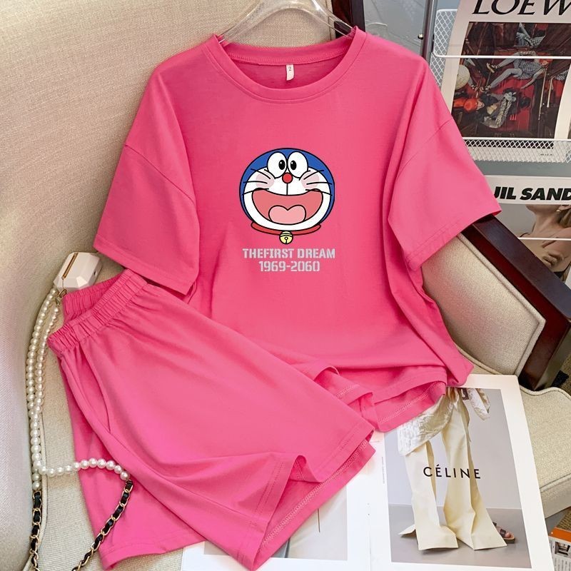 哆啦夢 夏季女式短袖t恤套裝卡通哆啦a夢寬鬆睡衣