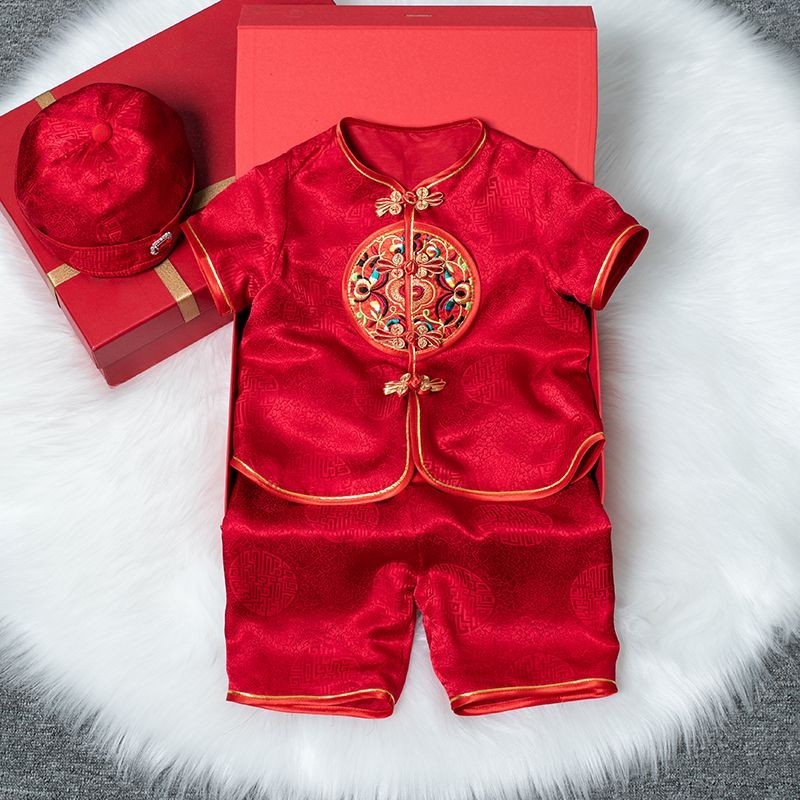 男寶寶週歲禮服滿月百日宴唐裝中式抓周國風紅色夏款薄