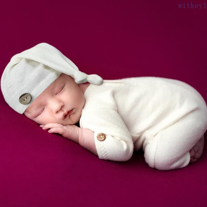 Wit 2 件套新生兒連身衣連身衣帶長尾帽多色純色鈕扣嬰兒工作服攝影套裝