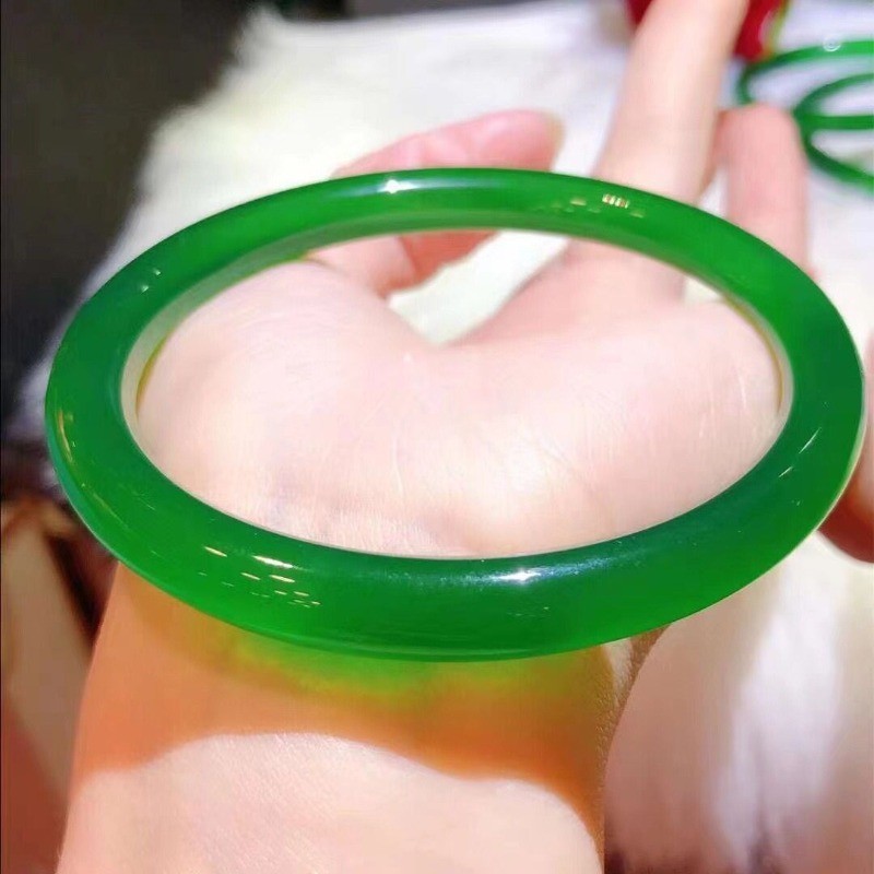 冰種帝王綠玉髓圓條手鐲瑪瑙時尚女款美人叮噹鐲玉石手環