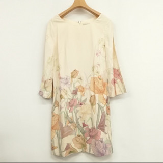 亮片花卉印花連衣裙, 膝長, 七分袖, 36 米色 日本直送 二手