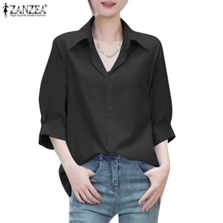 Zanzea 女式時尚 3/4 袖拼接蕾絲領扣休閒工作場所純色襯衫