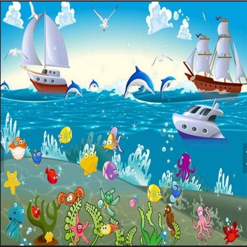 卡通海底世界帆船風景照片壁紙客廳臥室兒童房背景牆壁畫牆紙3d貼紙