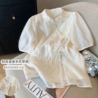 漢服上衣 新中式上衣 旗袍上衣 夏新款上衣女時尚中式立領刺繡流蘇盤扣襯衫百搭減齡雪紡衫