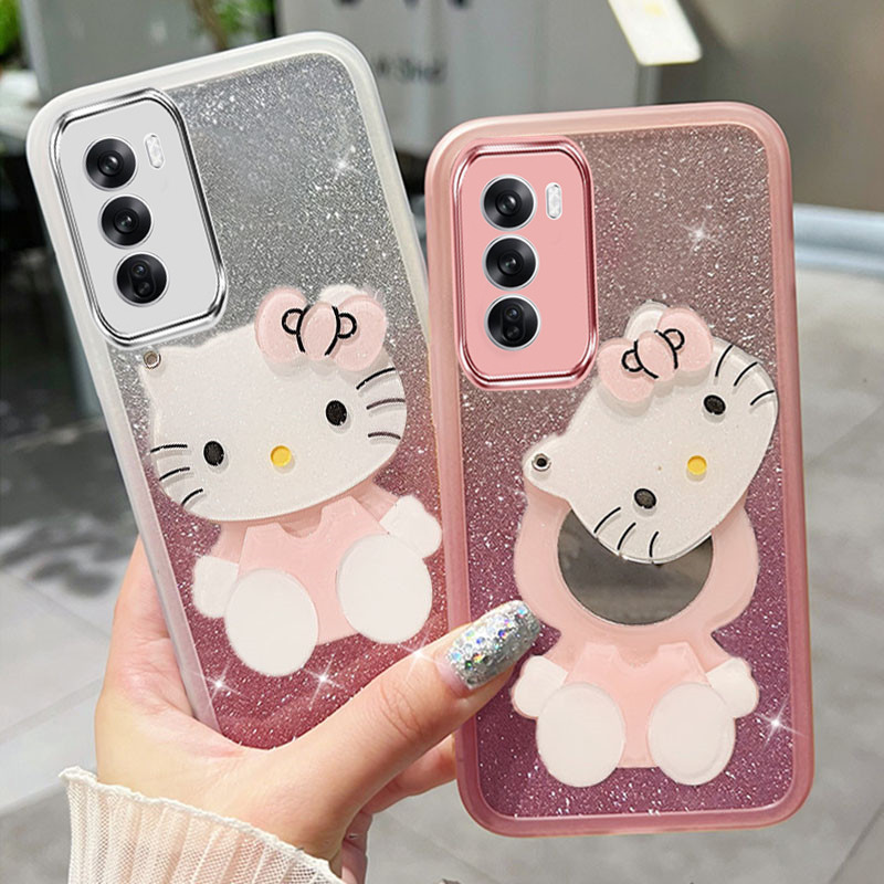 OPPO Reno12 Pro Reno 12 5G 可愛手機殼混色閃亮閃亮軟殼帶粉紅色 KT 貓 TPU 相機保護套