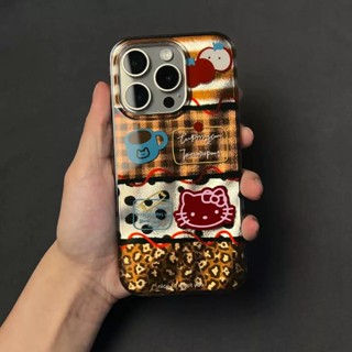 Ins 棕色格子豹紋 Hello Kitty 圖案鐳射冰川手機殼防摔手機殼適用於 iPhone 16 Promax 15