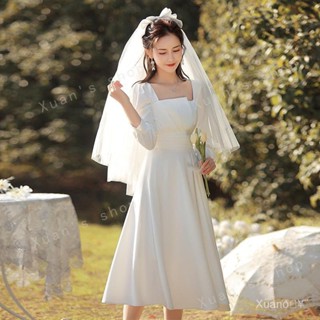 Xuan🥨結婚登記小白裙 鞦鼕白色禮服 小個子訂婚長袖白色洋裝 登記法式緞麵輕婚紗洋裝