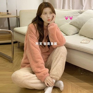 [現貨]甜妹珊瑚絨睡衣 韓版刷毛加厚居家服 冬季可愛保暖法蘭絨睡衣女 長毛絨家居服 睡衣套裝